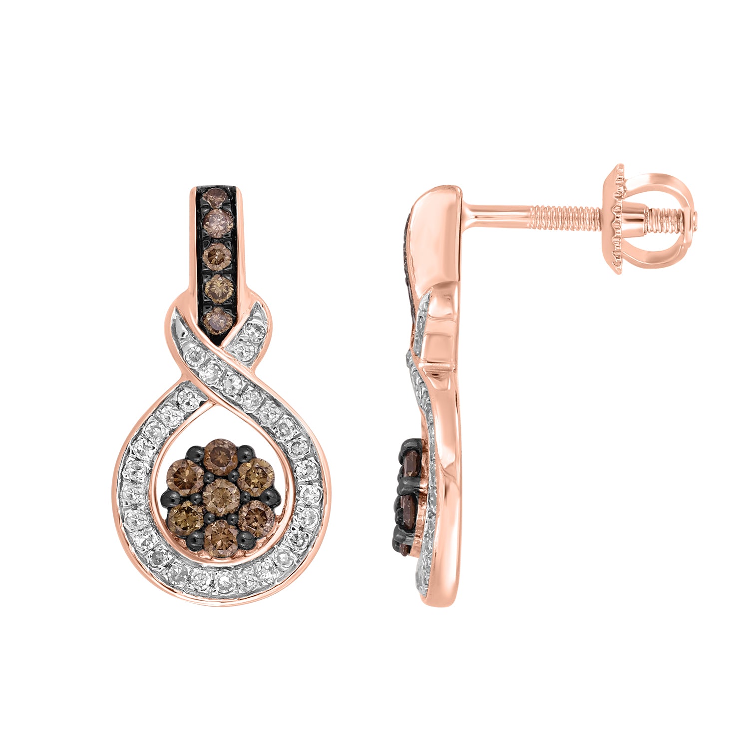 LADIES EARRINGS 0.50CT ROUND/DARK BROWN DIAMOND 14K ROSE GOLD