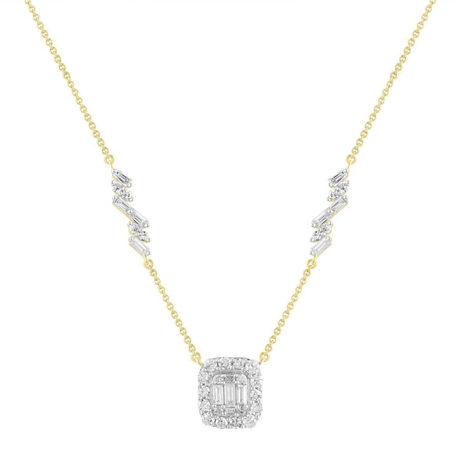 LADIES NECKLACE 1.00CT ROUND/BAGUETTE DIAMOND 14K YELLOW GOLD (SI QUALITY)