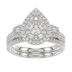 LADIES BIRDAL RING 1.50CT ROUND/BAGUETTE/PEAR DIAMOND 14K WHITE GOLD (SI QUALITY) (CENTER STONE 0.75CT PEAR DIAMOND)