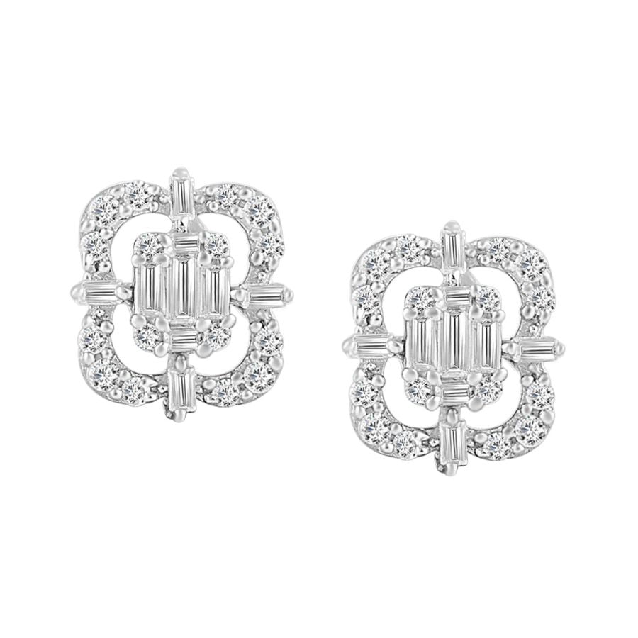 LADIES EARRINGS 0.25CT ROUND/BAGUETTE DIAMOND 14K WHITE GOLD (SI QUALITY)