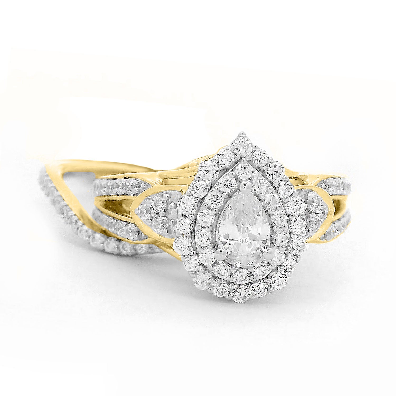 LADIES BRIDAL SET 1.00CT ROUND/PEAR DIAMOND 14K YELLOW GOLD (CENTER STONE 0.30CT PEAR DIAMOND)