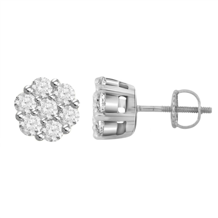 LADIES FLOWER EARRINGS 1.00CT ROUND DIAMOND 14K WHITE GOLD