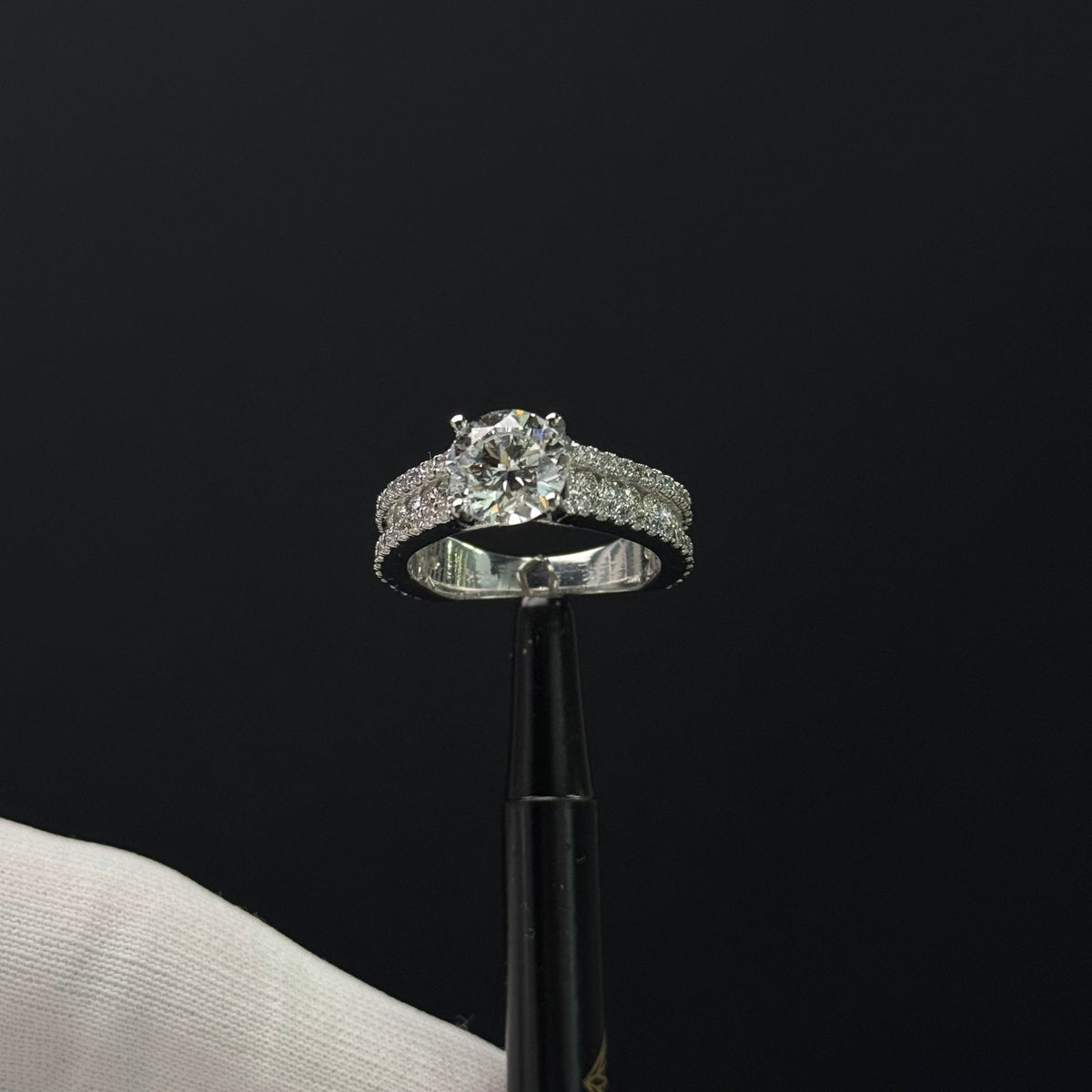 Round Shape Engagement Ring | 3 Rows of Diamonds | 14k Gold