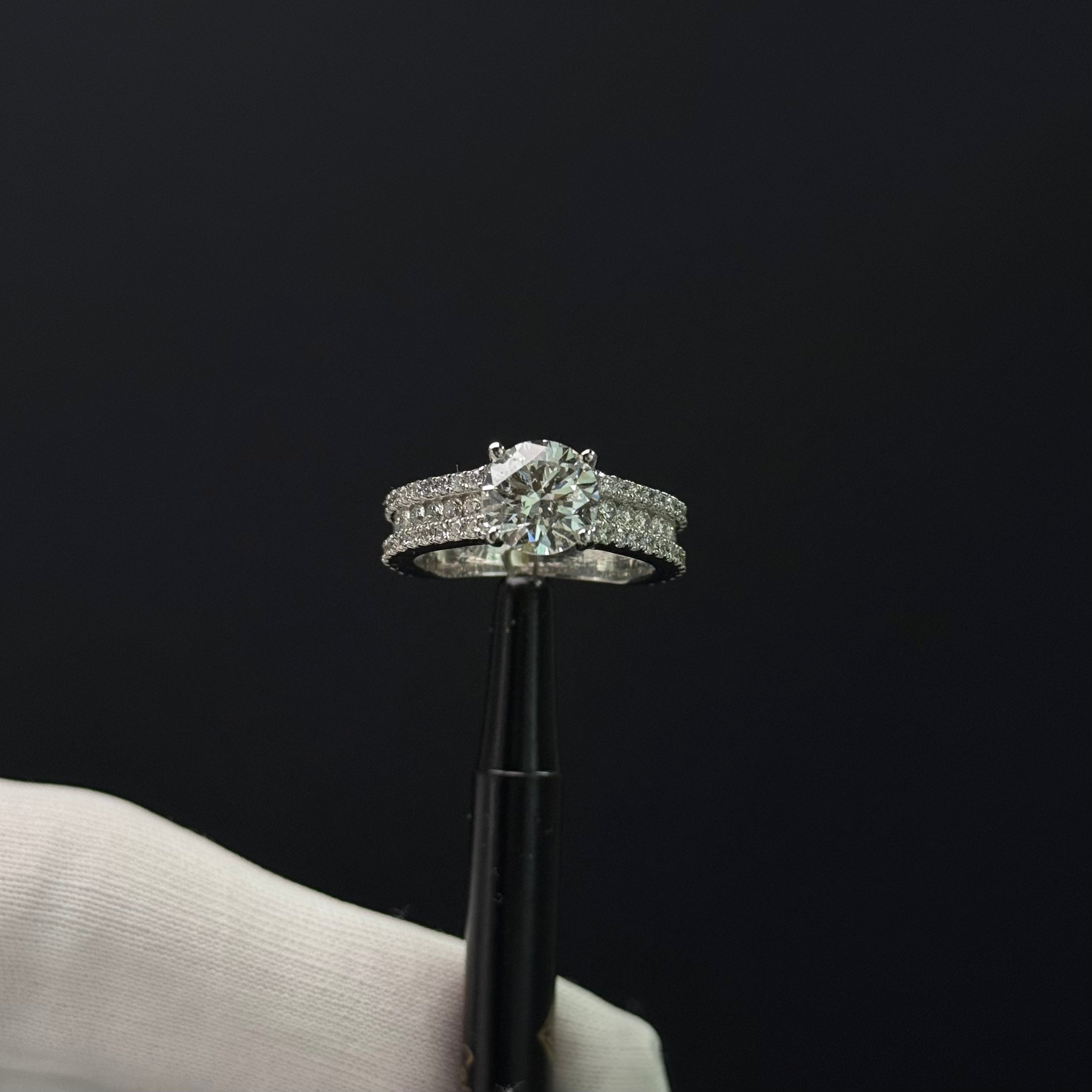 Round Shape Engagement Ring | 3 Rows of Diamonds | 14k Gold