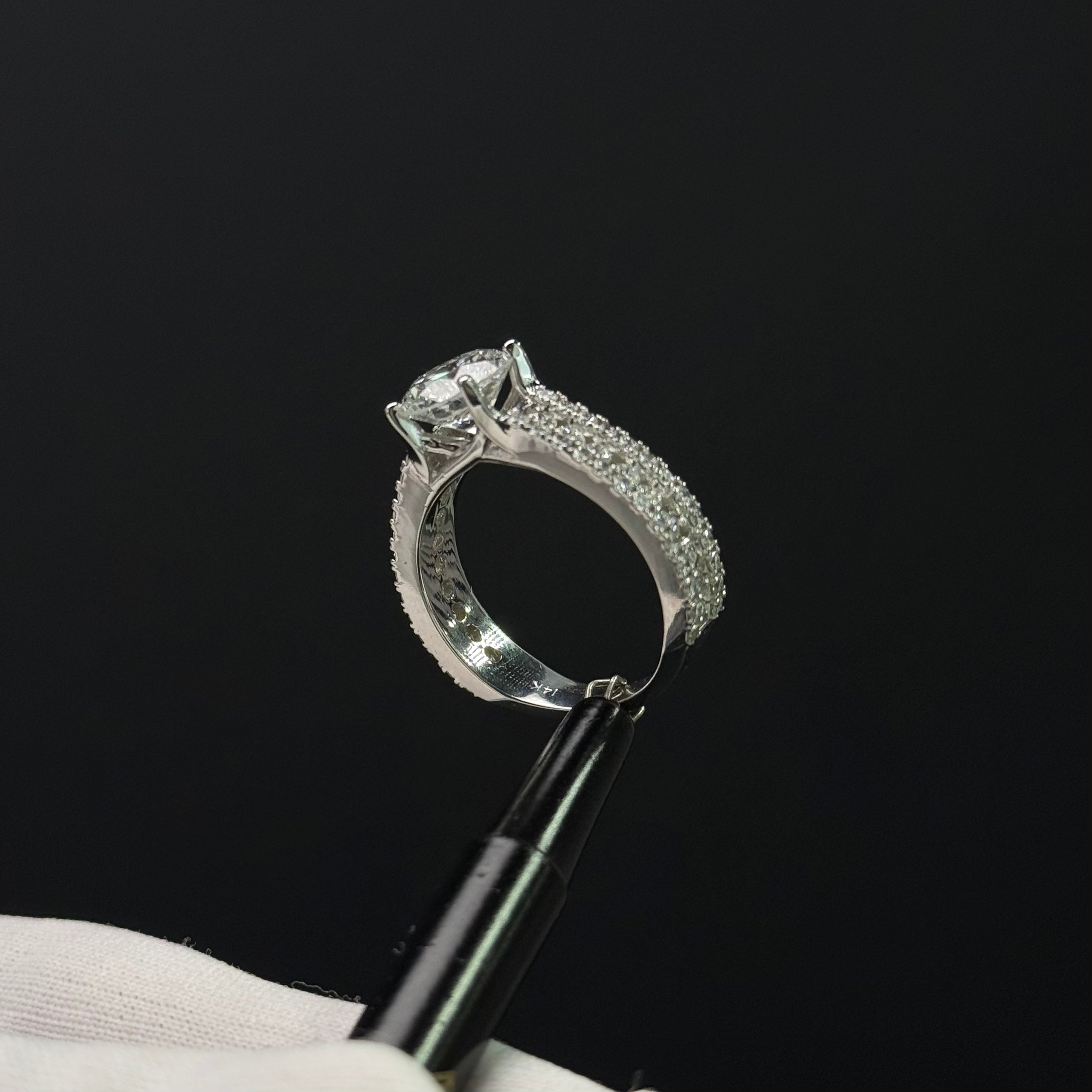 Round Shape Engagement Ring | 3 Rows of Diamonds | 14k Gold